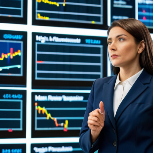 A professional female real estate auctioneer, poised and confident, wearing a modest business suit and appropriate attire. She stands in a modern, high-tech auction hall, surrounded by large digital screens displaying complex market analysis charts and property details. Her expression is focused, demonstrating strategic thinking and legal expertise. The scene is well-lit, emphasizing professionalism and high quality. Perfect anatomy, correct proportions, natural pose, well-formed hands, proper finger count, natural body proportions. Safe for work, appropriate content, fully clothed, professional.
