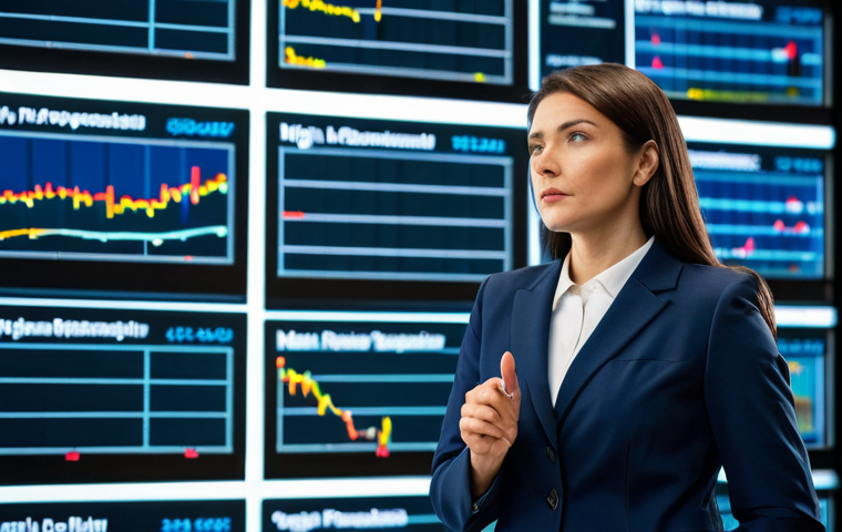 A professional female real estate auctioneer, poised and confident, wearing a modest business suit and appropriate attire. She stands in a modern, high-tech auction hall, surrounded by large digital screens displaying complex market analysis charts and property details. Her expression is focused, demonstrating strategic thinking and legal expertise. The scene is well-lit, emphasizing professionalism and high quality. Perfect anatomy, correct proportions, natural pose, well-formed hands, proper finger count, natural body proportions. Safe for work, appropriate content, fully clothed, professional.