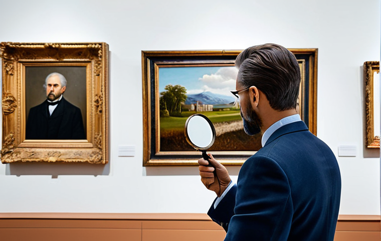 경매사 필기시험에서 중요한 문제 유형 - **
A serious art expert, fully clothed in professional attire, carefully examining a painting with ...