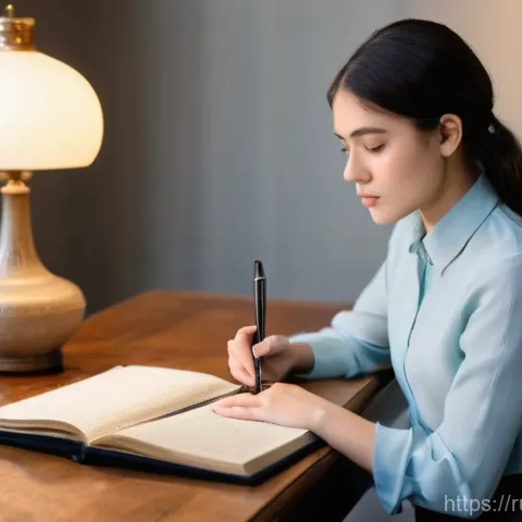 경매사 시험 준비 중 유용한 온라인 자료 - **Prompt:** "A determined young woman, in her mid-20s, with a focused expression, sits at a contempo...