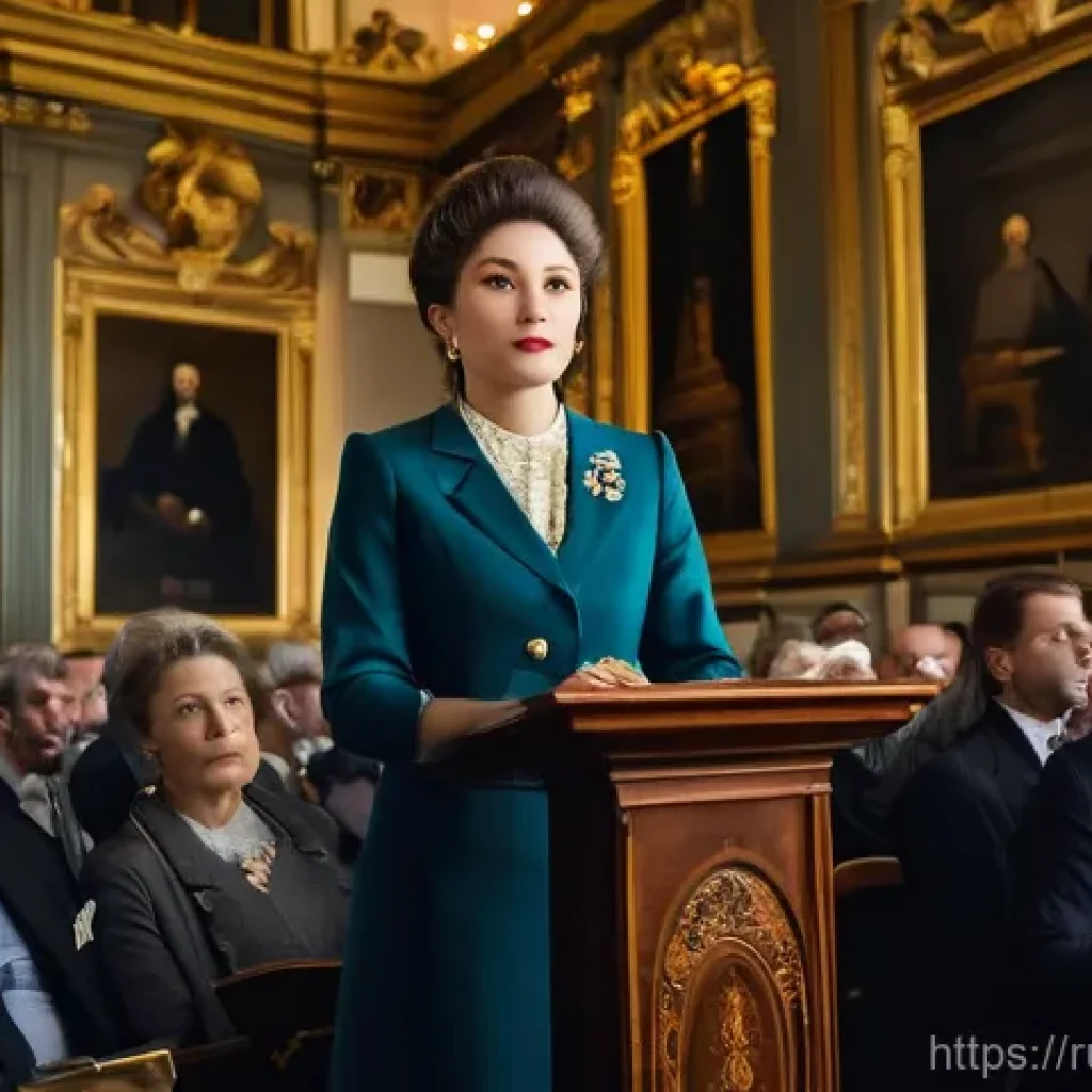 경매사 자격증으로 진출 가능한 해외 시장 - **A sophisticated Russian female auctioneer, dressed in an elegant and modest business suit, confide...