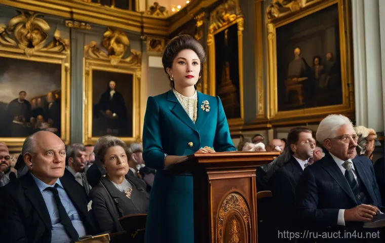 경매사 자격증으로 진출 가능한 해외 시장 - **A sophisticated Russian female auctioneer, dressed in an elegant and modest business suit, confide...