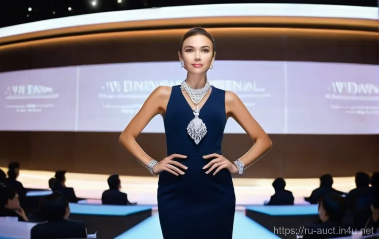 경매사 자격증으로 진출 가능한 해외 시장 - **A sophisticated Russian female auctioneer, dressed in an elegant and modest business suit, confide...