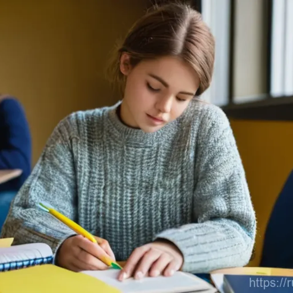 경매사 시험 대비 노트 작성 요령 - **Prompt:** A young adult female student with light brown hair, wearing a cozy but stylish sweater, ...