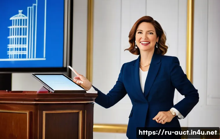 경매사 시험 대비를 위한 온라인 강의 추천 - **Prompt:** A highly charismatic and professional female auctioneer, in her mid-30s, stands confiden...