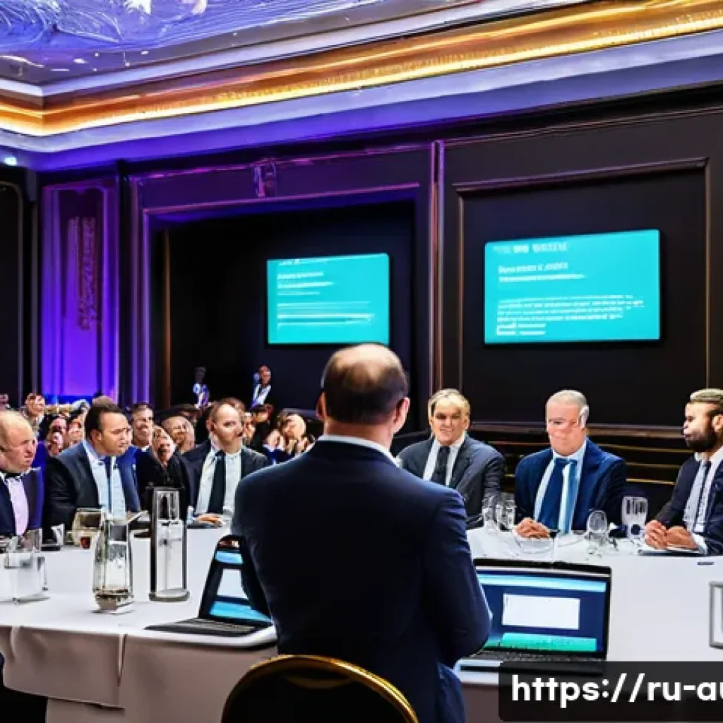 경매사 경력 개발을 위한 커리어 로드맵 작성 - A modern auction room in Moscow with a diverse group of professionals engaged in a live auction, fea...