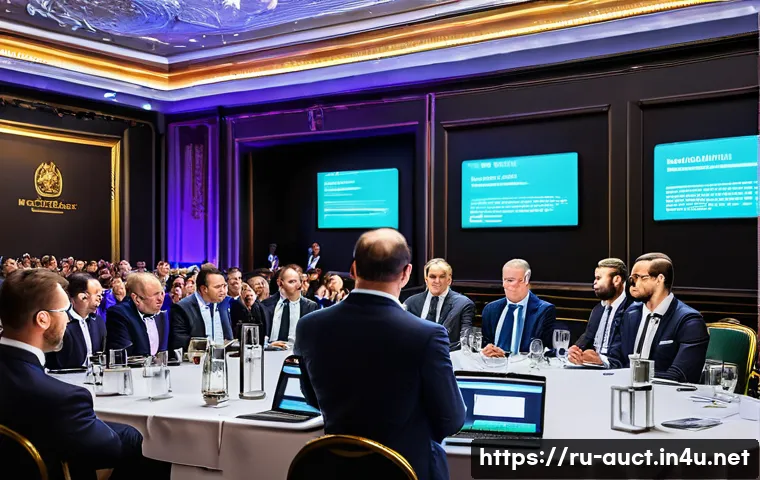 경매사 경력 개발을 위한 커리어 로드맵 작성 - A modern auction room in Moscow with a diverse group of professionals engaged in a live auction, fea...