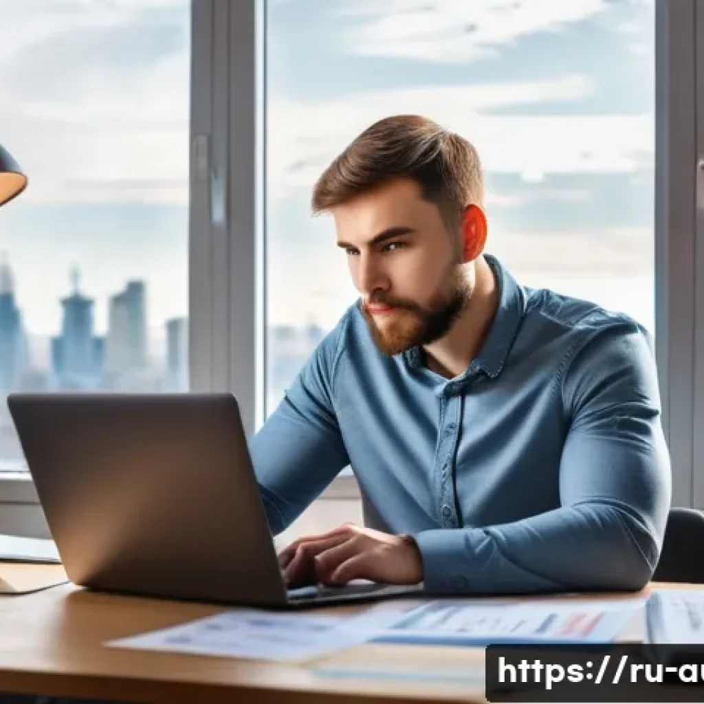 경매사 자격증 시험 일정 확인 방법 - A focused young Russian professional man sitting at a modern desk in a cozy home office, surrounded ...