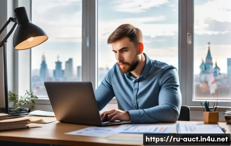 경매사 자격증 시험 일정 확인 방법 - A focused young Russian professional man sitting at a modern desk in a cozy home office, surrounded ...