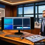 경매사 경력 전환을 위한 전략 - A professional auctioneer conducting a lively online auction from a modern home office, surrounded b...