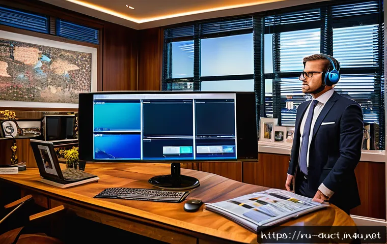 경매사 경력 전환을 위한 전략 - A professional auctioneer conducting a lively online auction from a modern home office, surrounded b...