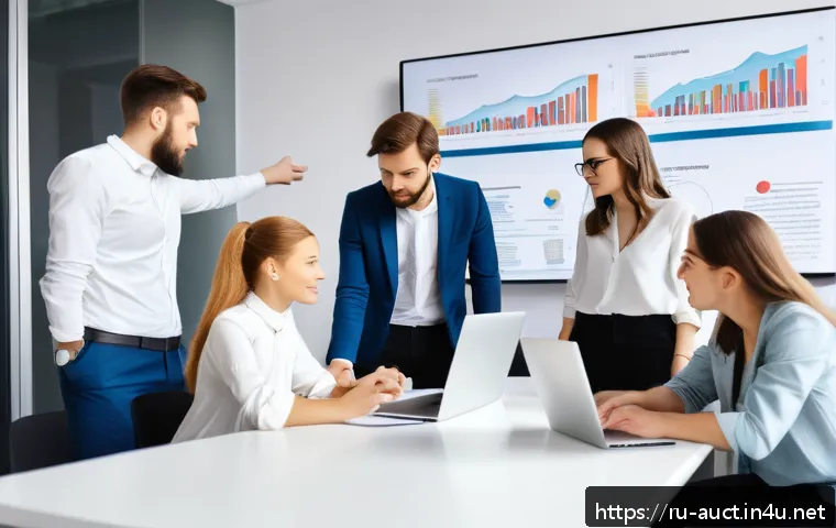 경매사 시험 준비를 위한 그룹 스터디 팁 - A diverse group of young Russian professionals studying real estate appraisal together in a modern c...