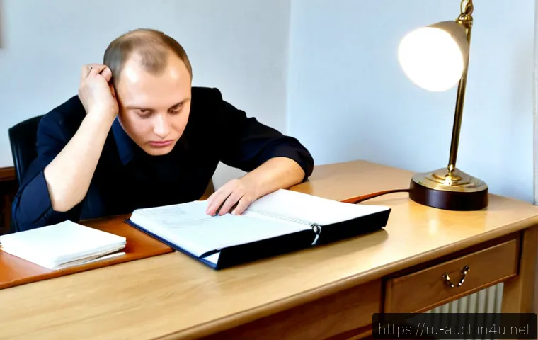 경매사 필기시험 대비를 위한 복습 전략 - Photorealistic Russian auctioneer exam preparation scene, mature student at a tidy wooden desk revie...